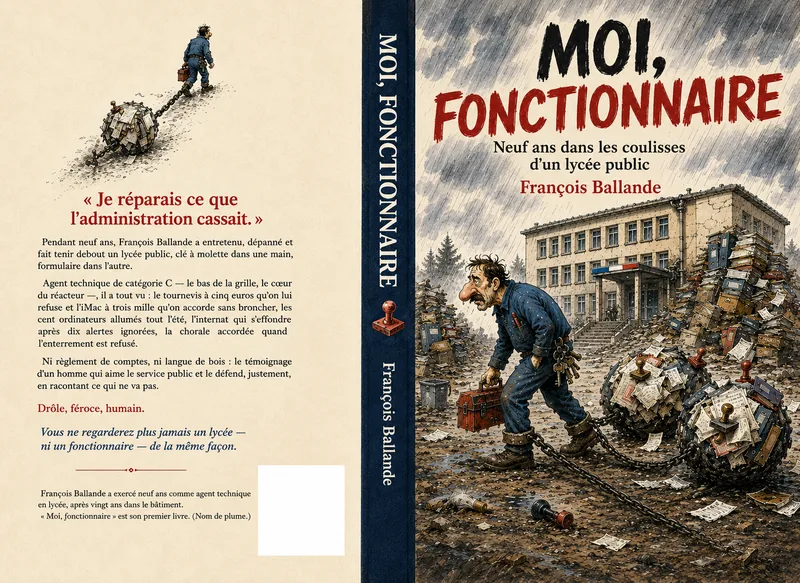 Jaquette complète du livre Moi, fonctionnaire : quatrième de couverture, dos bleu nuit et couverture illustrée